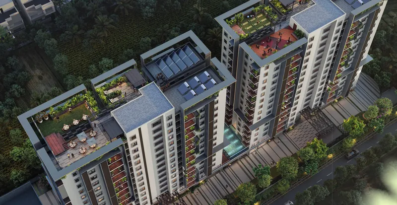 Aerial view of Elegant Atmos showing the rooftop lawn, solar array and pool